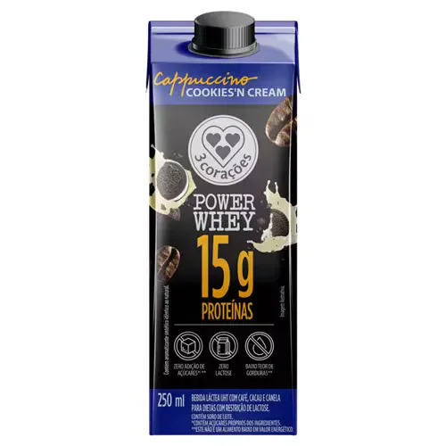 Bebida Láctea Cappuccino Power Whey Cookies N Cream 3 Corações 250ml