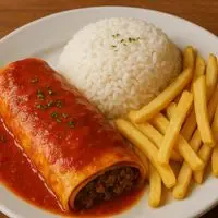 Marmita P - Panqueca de Strogonoff de Carne Moída c/ Arroz e Batata Frita