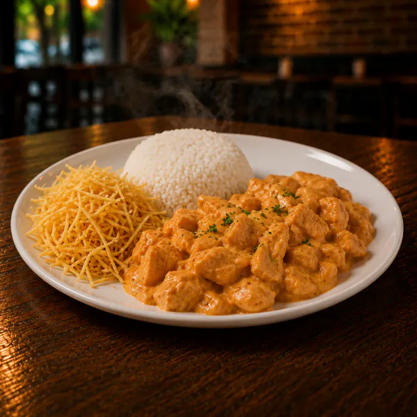 Marmita P - Strogonoff de Filé de Frango c/ Arroz e Batata Palha Crocante