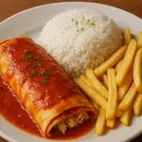 Marmita P - Panqueca de Strogonoff de Frango c/ Arroz e Batata Frita